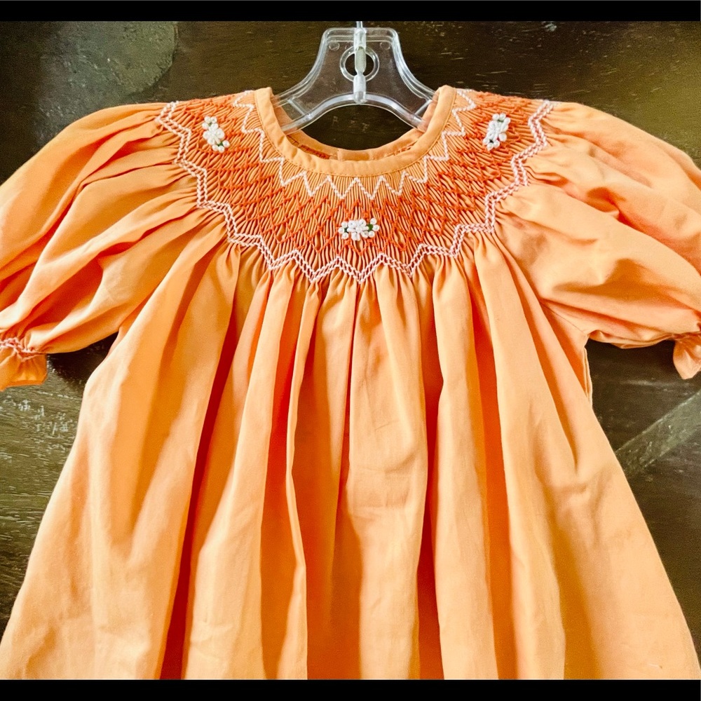 Tangerine Bishop Dress:Smocked Flowers & Pearls 6M